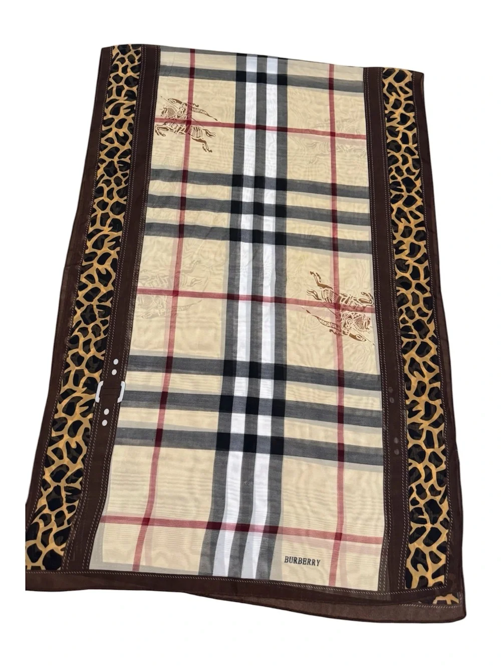 Burberry Beige Plaid Scarf with Leopard-Trim Accent